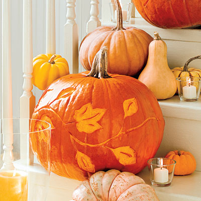 Southern Living,carved leaves, pumpkin carving ideas, pumpkin carving alternative, stylish pumpkin fall decor