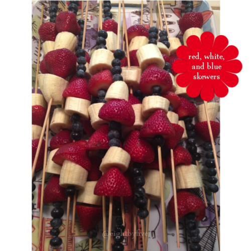 Serve healthy Red, White & Blue fruit skewers.