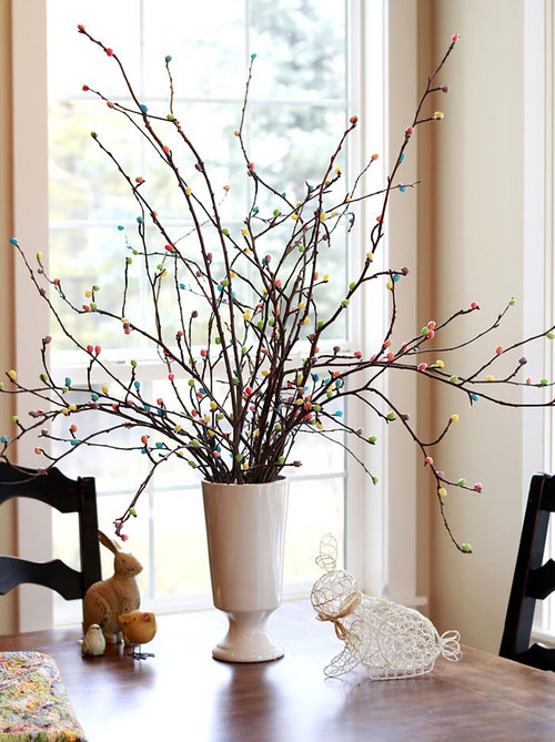 Jelly bean tree made from shrub branches.