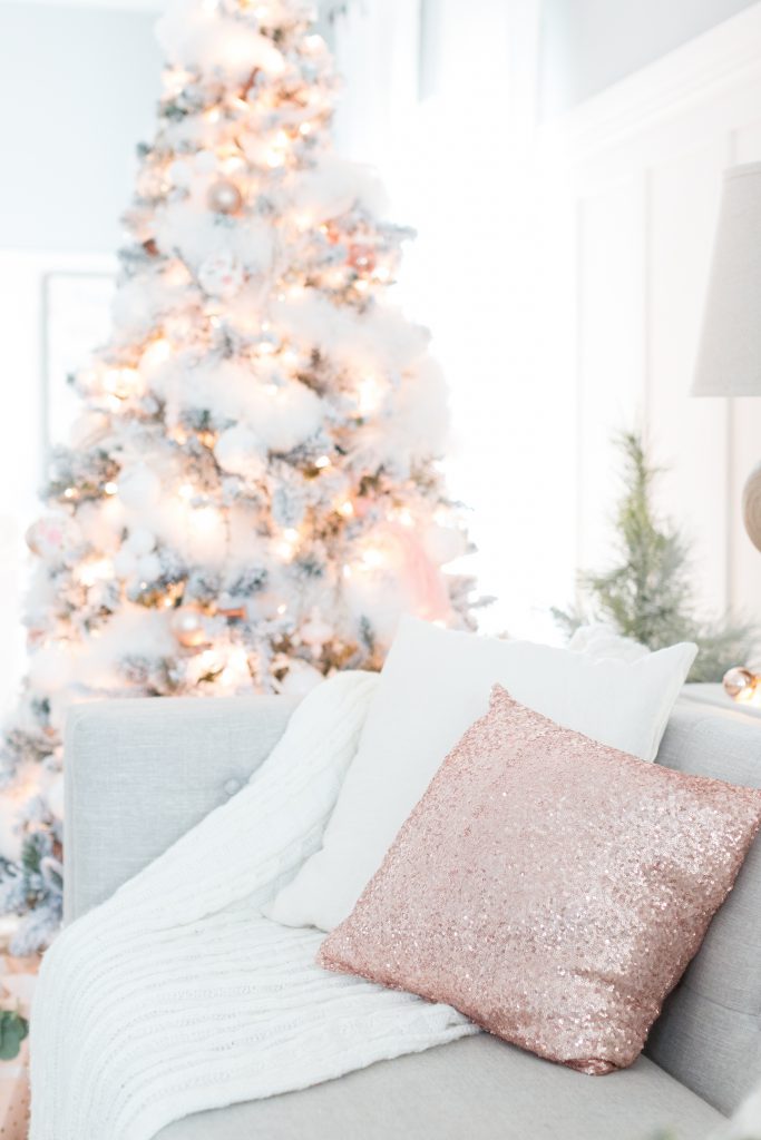 Blush accents are used in the holiday home decor of this blogger's home.