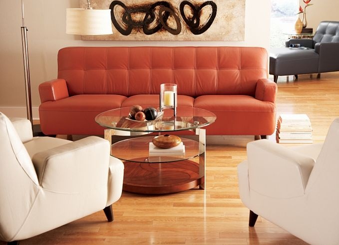 MohawkHomescapes.com, Orange home design, Orange color showcase, warm and vibrant orange, orange leather couch