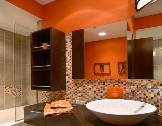 MohawkHomescapes.com, Orange home design, Orange color showcase, warm and vibrant orange, orange bathroom